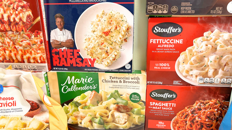 Close up of several Walmart frozen pasta options