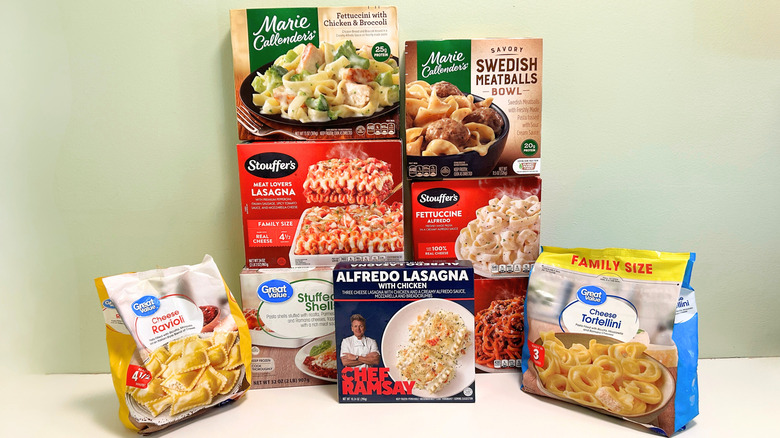 Several Walmart frozen pasta options stacked together against a green and white background