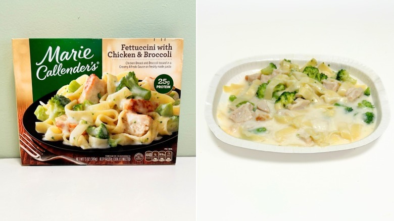 A box of Marie Callender's Fettuccini with Chicken and Broccoli next to a tray of fettuccini Alfredo