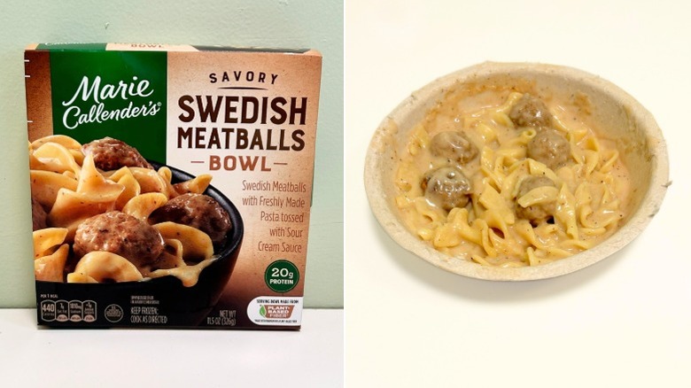 A box of Marie Callender's Swedish Meatballs next to a bowl of Swedish meatballs