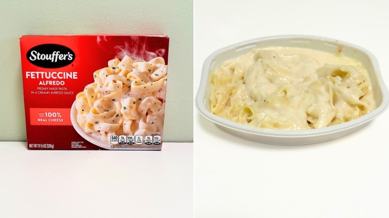 A box of Stouffer's Fettucine Alfredo next to a tray of fettucine alfredo