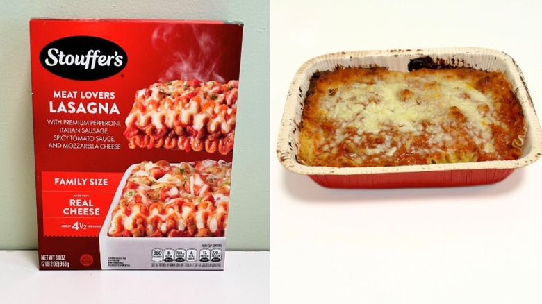 A box of Stouffer's Meat Lovers Lasagna next to a tray of lasagna