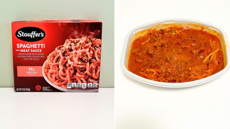 A box of Stouffer's Spaghetti with Meat Sauce next to a tray of spaghetti