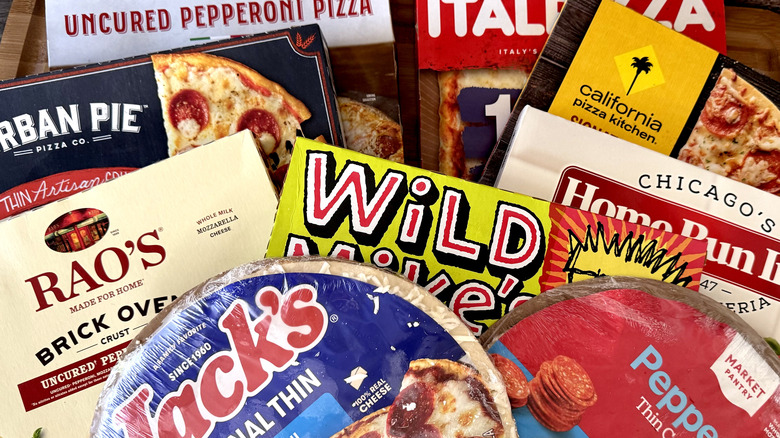 variety of frozen packaged pizzas