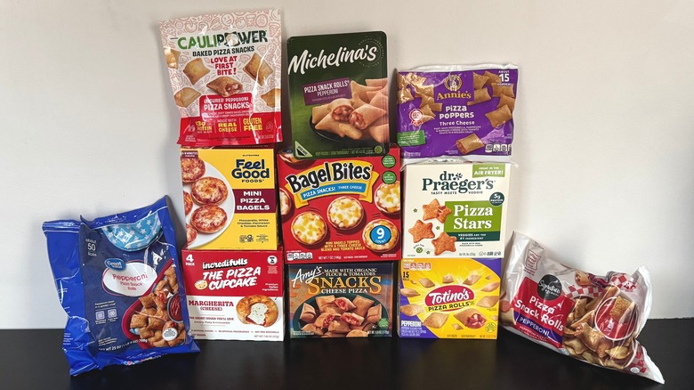 Various packages of frozen pizza bites