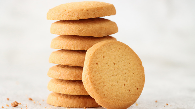 Stack of shortbread cookies against a light background