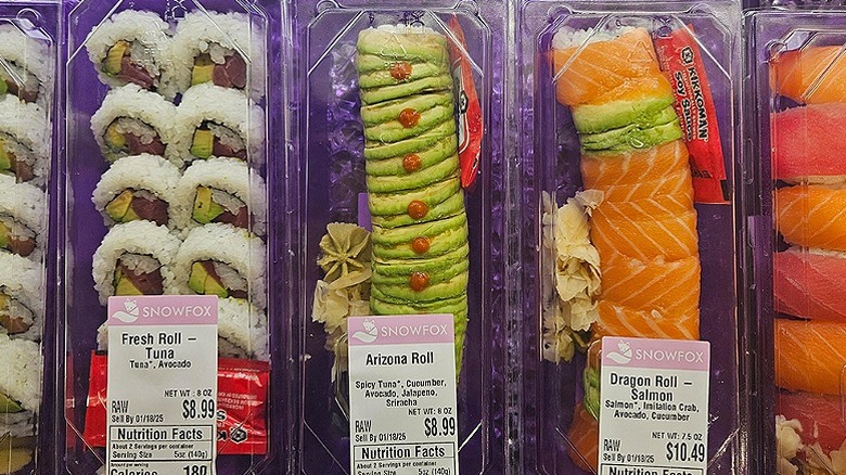 A selection of sushi rolls in display packaging