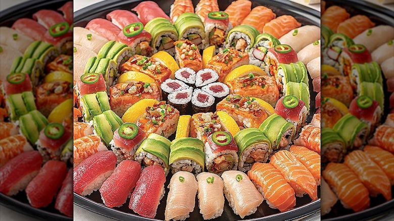 A round tray holding different kinds of sushi
