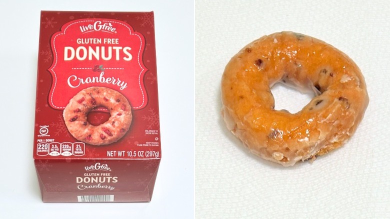 A box of liveGfree Gluten Free Cranberry Donuts next to a donut