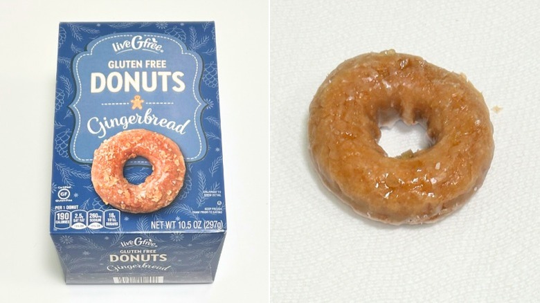 A box of liveGfree Gluten Free Gingerbread Donuts next to a donut