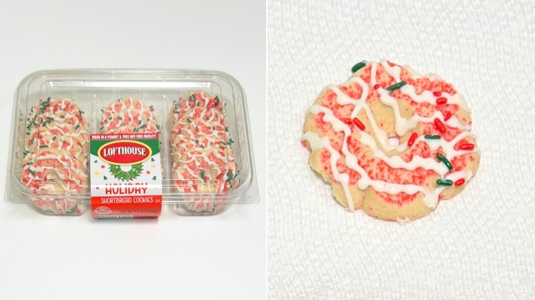A container of Lofthouse Holiday Shortbread Cookies next to a shortbread cookie