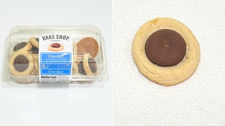 A container of Bake Shop Bakery Chocolate Thumbprint Cookies next to a chocolate thumbprint cookie