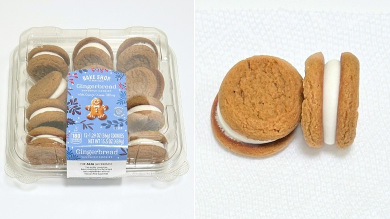 A container of Bake Shop Gingerbread Sandwich Cookies next to two gingerbread sandwich cookies