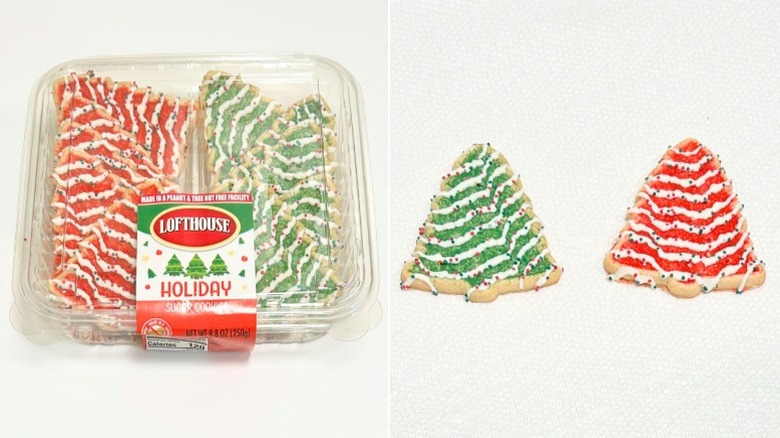 A container of Lofthouse Holiday Sugar Cookies next to two sugar cookies