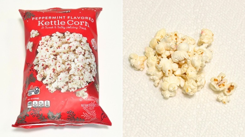 A bag of Clancy's Peppermint Flavored Kettle Corn next to a pile of kettle corn