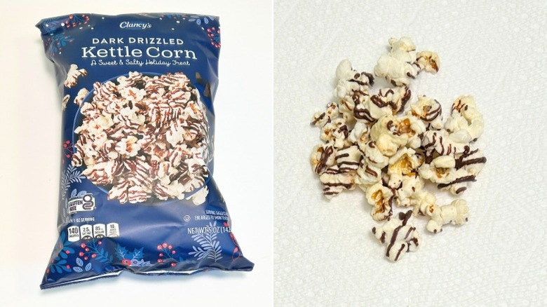 A bag of Clancy's Dark Drizzled Kettle Corn next to a pile of kettle corn