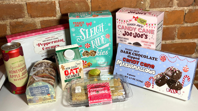A pile of Trader Joe's good against a brick backdrop