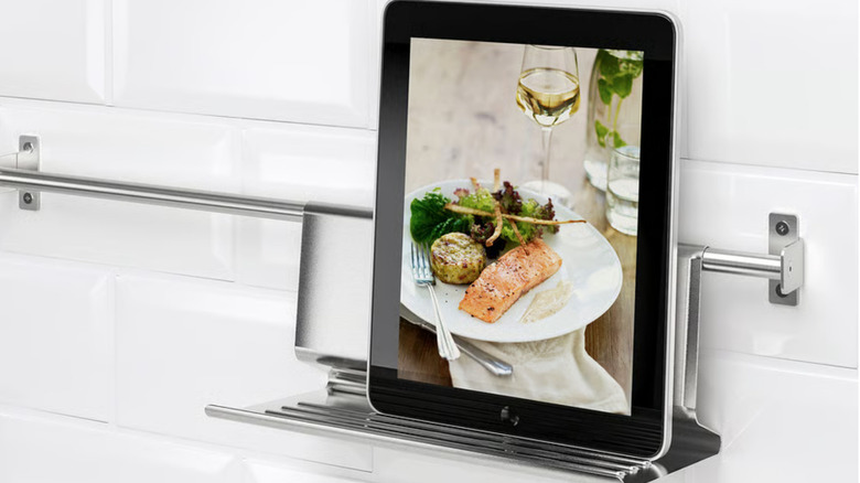 tablet stand with a tablet atop it