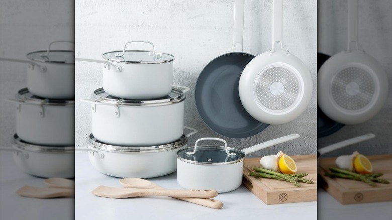 12 piece nonstick cooking set on counter with food