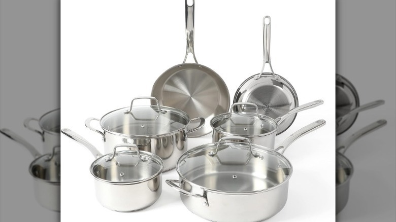 10 piece stainless steel set on white background