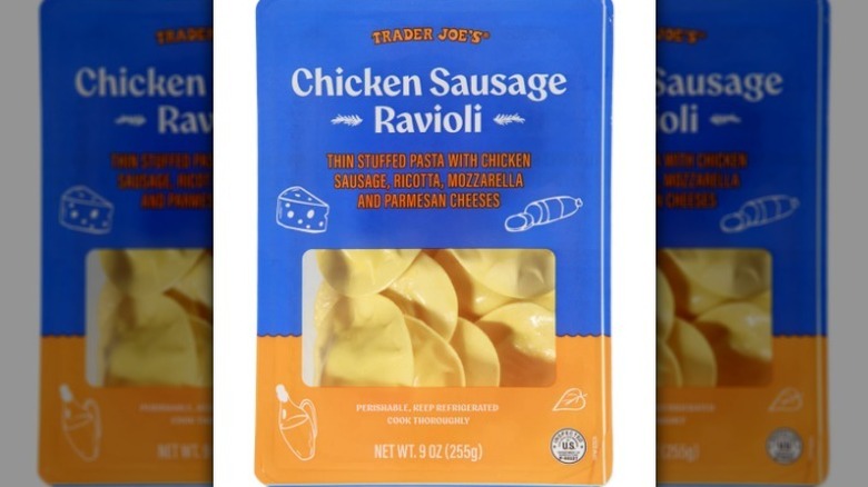 Chicken sausage ravioli on white background