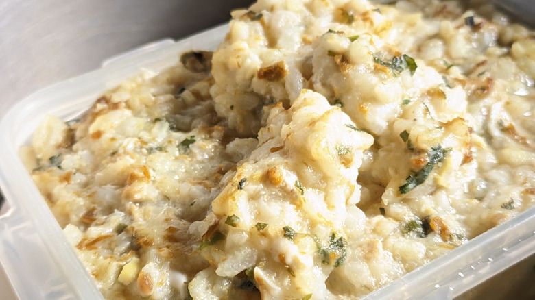 Chicken and rice casserole in a plastic container