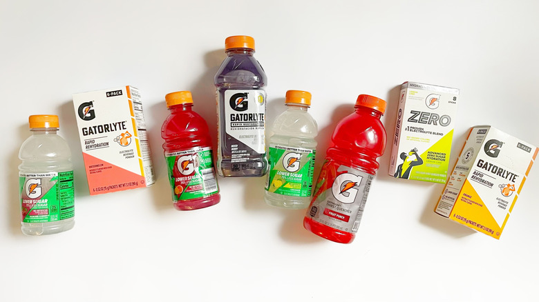 Several boxes and bottles of Gatorade and Gatorlyte products