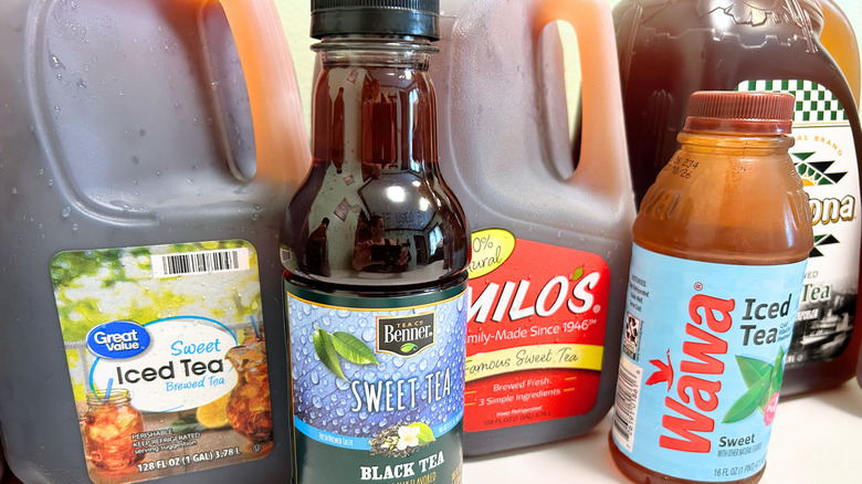 Extreme close up of several popular sweet tea brands