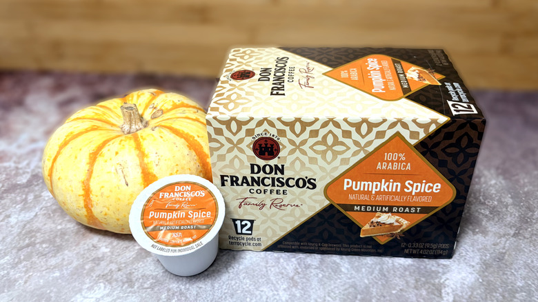 package and pod of don franciscos pumpkin spice coffee