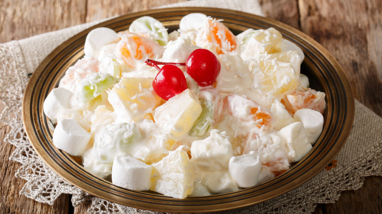 A bowl of creamy ambrosia salad