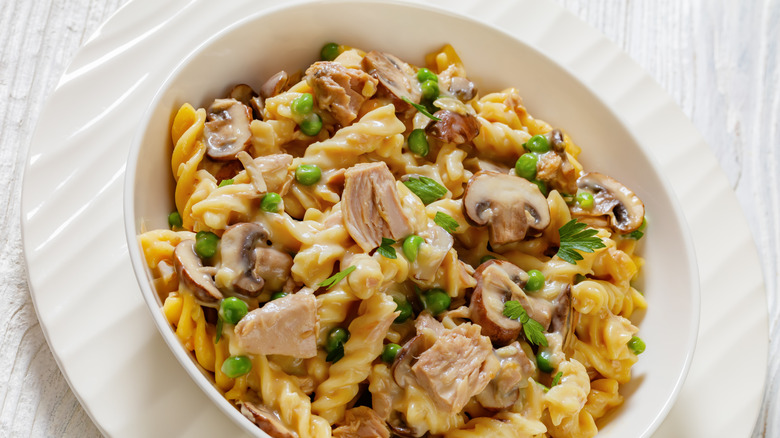 Tuna casserole in a white bowl