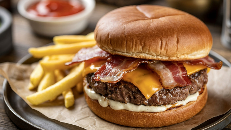 Bacon cheeseburger, served with fries