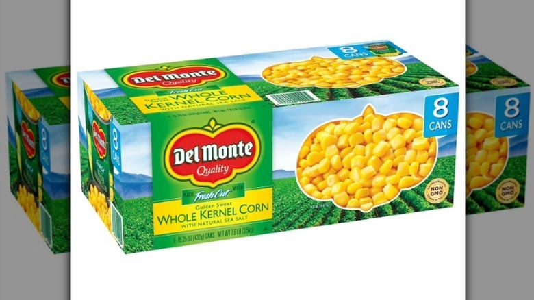 Del Monte canned corn pack on white background