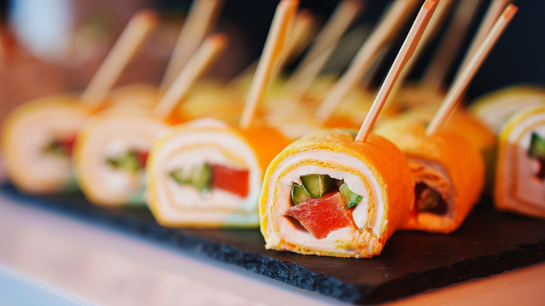Sushi rolls at a seafood buffet