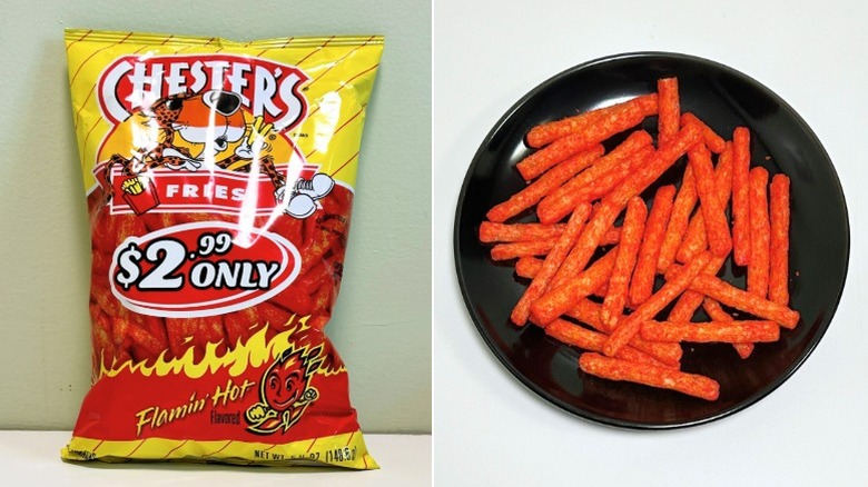 A bag of Chester's Flamin' Hot Fries next to a black plate of hot fries
