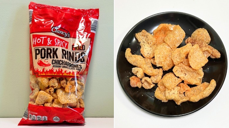 A bag of Clancy's Hot and Spicy Pork Rinds next to a black plate of pork rinds