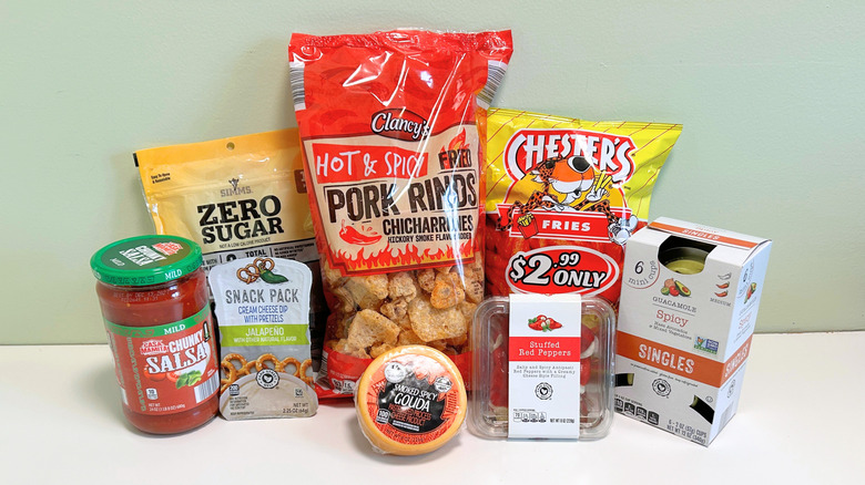 Several Aldi spicy snacks arranged together