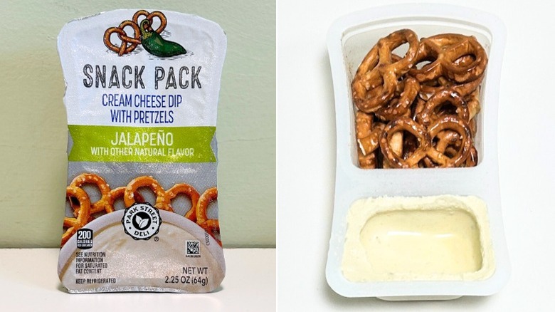 A container of Park Street Deli Jalapeno Cream Cheese with Pretzels Snack Pack next to pretzels with cream cheese dip