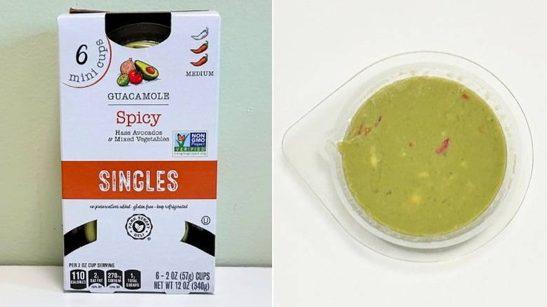 A box of Park Street Deli Spicy Guacamole Singles next to a plastic container of guacamole