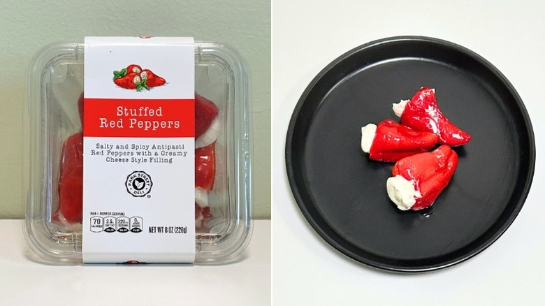 A package of Park Street Deli Stuffed Red Peppers next to a black plate of stuffed red peppers