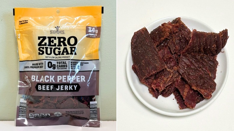 A bag of Simms Zero Sugar Black Pepper Beef Jerky next to a white plate of beef jerky