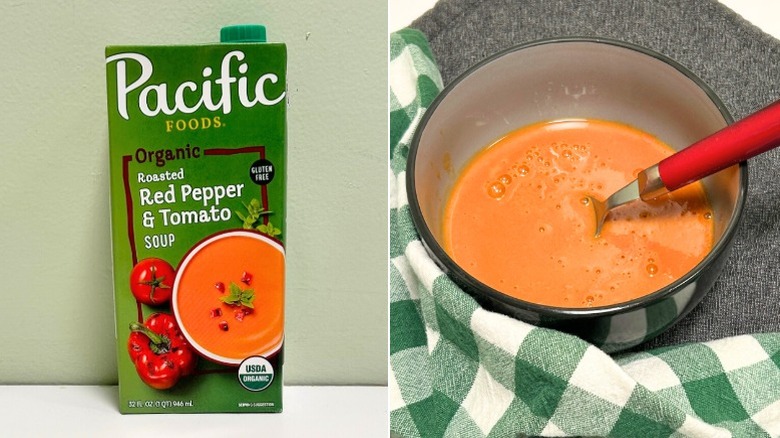 A box of Pacific Foods Roasted Red Pepper and Tomato Soup next to a bowl of tomato and red pepper soup