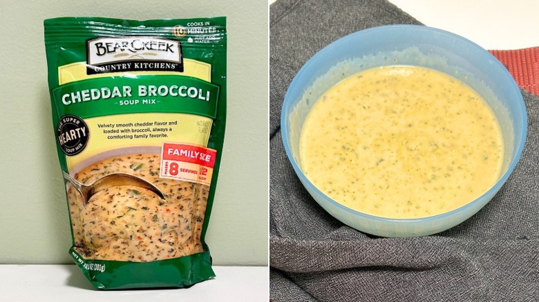 A bag of Bear Creek Cheddar Broccoli Soup Mix next to a bowl of cheddar broccoli soup