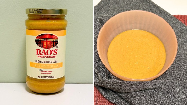 A jar of Rao's Slow Simmered Butternut Squash Soup next to a bowl of butternut squash soup
