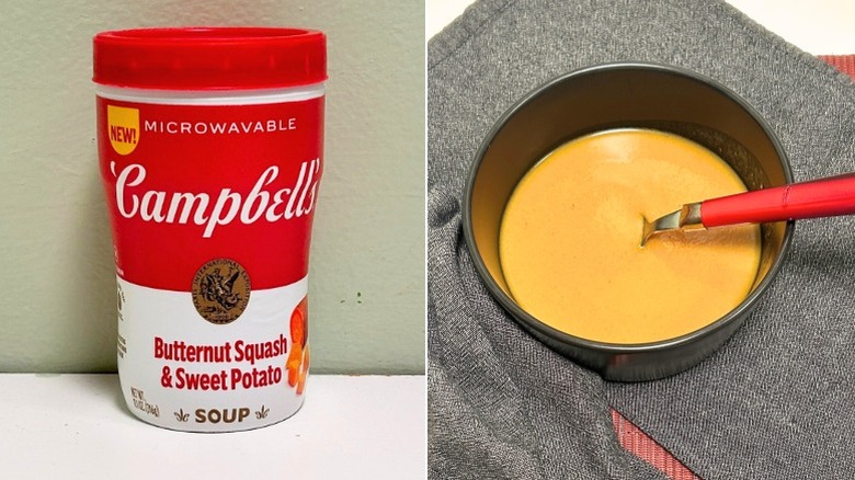 A container of Campbell's Butternut Squash and Sweet Potato Soup next to a bowl of fall soup