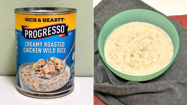 A can of Progresso Creamy Roasted Chicken Wild Rice soup next to a bowl of creamy chicken and wild rice soup