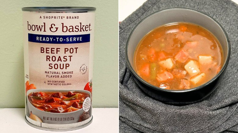 A can of Bowl and Basket Beef Pot Roast Soup next to a bowl of beef pot roast soup
