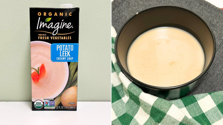A container of Organic Imagine Potato Leek Soup next to a bowl of potato leek soup