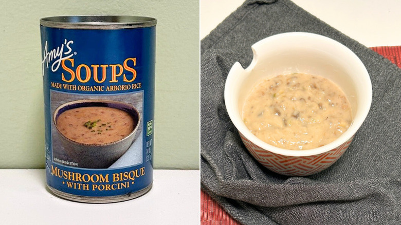 A can of Amy's Soups Mushroom Bisque with Porcini next to a bowl of mushroom bisque