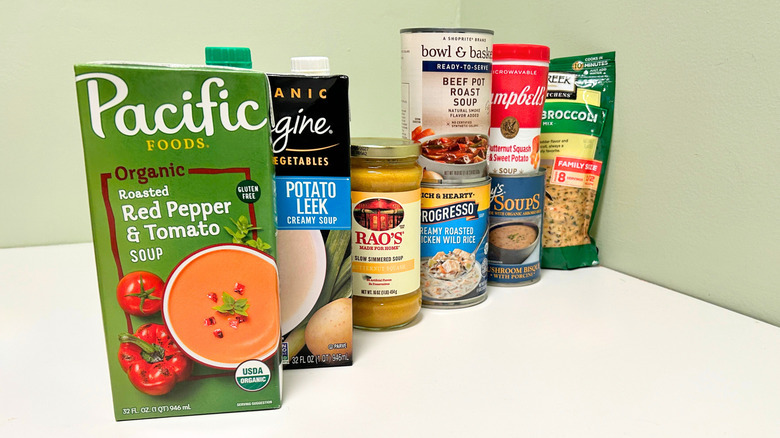Several fall soups arranged together against a green and white background